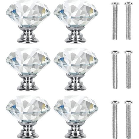 Bouton De Meuble En Verre De Cristal, Poignée De Tiroir Forme Diamant, Bouton D'armoire Avec Base, Accessoire Rénovation Adaptable Pour Commode Placard Maison, Lot De 6 Pièces Equipé De Vis De 25mm (1/5)