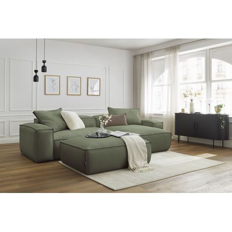 BOBOCHIC - Canapé d'angle réversible ultra moelleux BOHEME velours côtelé avec pouf Réversible Vert (1/5)