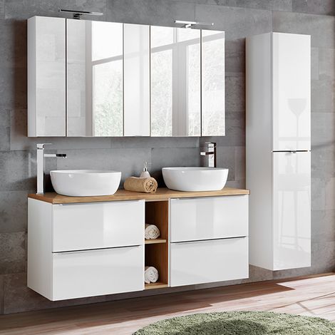 Conjunto mueble lavabo doble 140cm 2 nichos y columna April Blanco y Madera (1/4)
