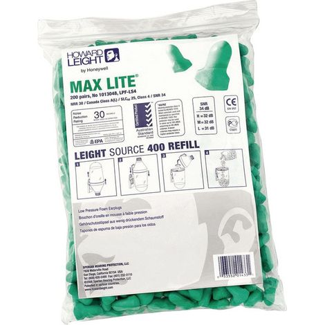 Bouchons d'oreilles MAX LITE REFILL LS400 EN352 SNR 34 dB recharge 200 PA/paquet.