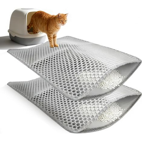 Set of 2 Double Layer Cat Litter Mat, 40 x 60 cm, Large Honeycomb Floor Mat, Waterproof, Non-Slip for Litter Tray, Anti-Waste Grey (1/5)