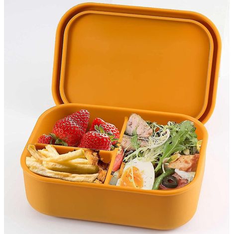 Bento-Lunchbox für Erwachsene aus Silikon, auslaufsicherer Salatbehälter mit 3 Fächern, mikrowellen-, spülmaschinen- und gefriergeeignet (gelb) (1/5)
