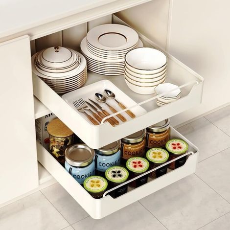 Tiroir coulissant cuisine 2Pcs – Étagère télescopique 42 cm L x 30 cm P x 7 cm H – Acier au carbone blanc – Installation sans perçage (1/5)