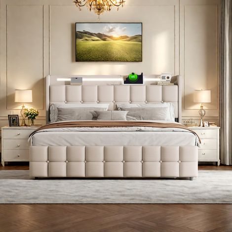 Lit Double 160 x 200cm, lit adulte avec 4 tiroirs, lit capitonné avec port USB et LED, Tête de Lit à Tablette, Lin, Beige (1/5)