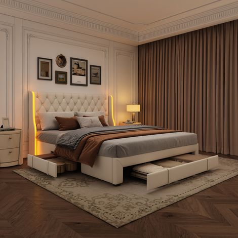Lit double 160x200 avec 3 tiroirs, Lit rembourré avec éclairage LED et port USB, Tête de lit capitonnée, Sommier à lattes, Velours, Beige (1/5)