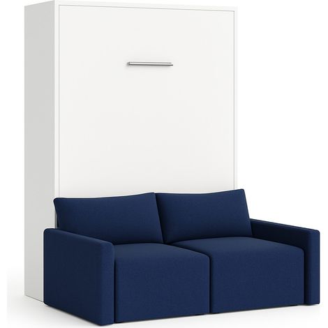 Lit escamotable vertical avec canapé tissu VALENCIA Bleu marine Matelas mousse 18 cm-Avec matelas-140x190-Canapé Bleu marine-Structure Blanche (1/5)