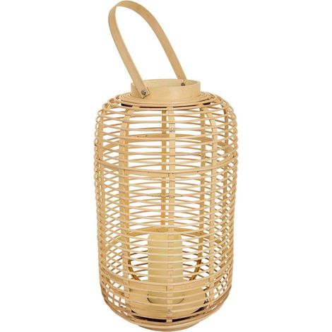Farol portavelas con vela led de bambú y ratán marrón d29x48