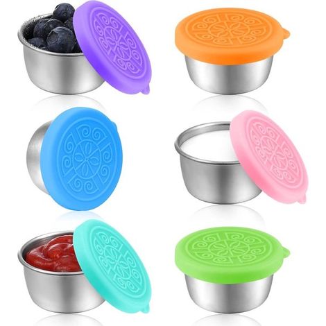 Mini contenitori per alimenti,Scatola per snack in acciaio inox,Set da 6 vasetti per condimenti da 50 ml,Contenitori in silicone con coperchi (1/5)