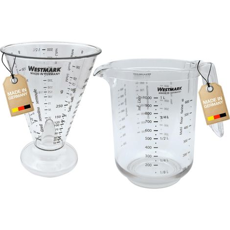 Set, 2 pièces : 1 Pichet gradué + 1 Gobelet gradué avec Cône de Mesure fin, en plusieurs langues et avec différentes Unités de mesure (1/5)
