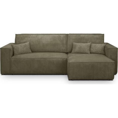 Homifab – Canapé convertible réversible 4 places avec coffre de rangement – Velours côtelé Oeko-Tex® vert kaki – Couchage 137 x 196 cm (1/5)