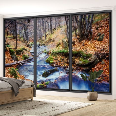 Papier peint panoramique Trompe l'oeil baie vitrée - Rivière forêt - 260 cm x 156 cm (1/5)
