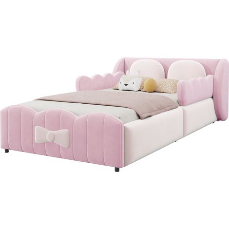 Lit Coffre Enfant Simple 90 x 200 cm en Velours, avec Ailes, Coussins Décoratifs et Rangement, sans Matelas, Rose (1/5)