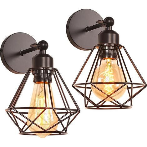 Lot de 2 Applique Murale Intérieure Design Cage en Métal 16CM Lampe Murale Industrielle Ajustable Plafonnier Luminaire Murale Applique Vintage pour Chambre Couloir Salon Cuisine (Style-C, Noir) (1/5)