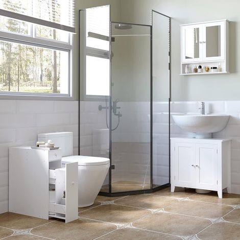 Meuble‑lavabo mural avec étagères – Dimensions 50 x 20 x 60 cm, portes à double miroir, étagères réglables, MDF blanc – Optimisation de l’espace salle de bain (1/5)