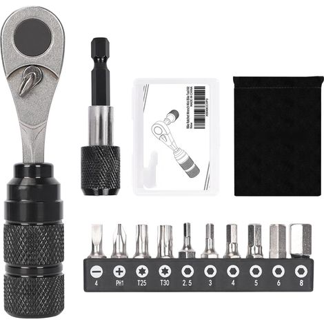 Kit d'outils pour vélo - Mini clé à cliquet avec 10 embouts, tournevis à cliquet réversible 1/4", rallonge, étui de rangement et sac pour la réparation de VTT et vélos de route dans les espaces restre (1/5)
