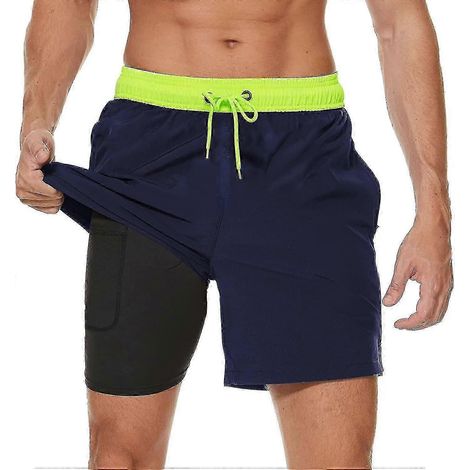 Short de bain homme avec doublure de compression et séchage rapide - Short de plage/surf avec poches zippées pour homme Green-navy Blue-L (1/5)