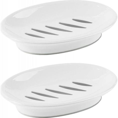 Deux porte-savons en plastique avec égouttoirs et porte-éponges, adaptés aux douches, etc. (blanc) (1/5)