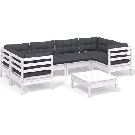 Salon de jardin 7 pcs Ensemble Table et Chaise de Jardin - avec coussins Blanc Bois de pin BV101737 - BonneVie (1/5)