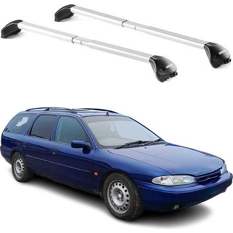 OMAC Barres de toit transversales certifiées TÜV pour Ford Mondeo Break 1993-2014 – Verrouillables (4 antivols) – Charge max 100 kg – Sangle inox + protection caoutchouc Argent (1/4)