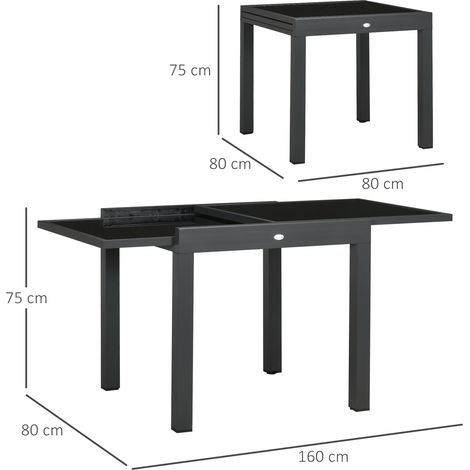 Table de jardin extensible avec plateau en verre et aluminium, 80-160 x 80 x 75 cm, noire (1/5)