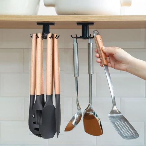 Ensemble de rangement pour ustensiles de cuisine (2 pièces), rotation à 360°, sans perçage, avec 6 crochets, convient pour la cuisine/salle de bain/penderie (noir) (1/4)