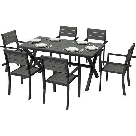7-teiliges Gartenmöbelset für 6 Personen, bestehend aus Tisch und stapelbaren Stühlen mit Latten in Holzoptik und grauem Aluminiumrahmen.