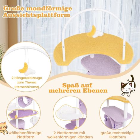 Arbre a chat 158 cm avec griffoir tunnel pour chat et grand plan de couchage en forme de lune violet blanc