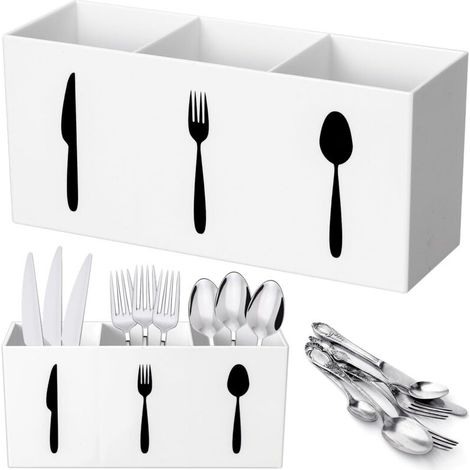 Organisateur Couverts - 19,8 x 6,5 x 9 cm - Pour Tiroir ou Plan de Travail - Blanc - 2 Compartiments (1/3)