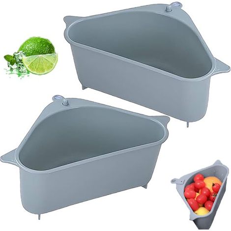 Lot de 2 paniers d'égouttage pour évier : panier triangulaire, panier filtre, panier d'angle, panier à fruits et légumes, gris, panier triangulaire gain de place pour évier de cuisine (gris). (1/5)