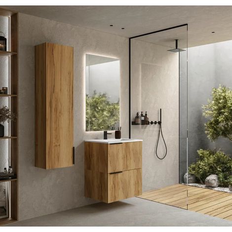 Mobile bagno sospeso cannettato 60 cm rovere chiaro 2 cassetti con lavabo in ceramica e colonna Fuji (1/3)