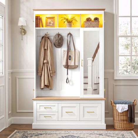 Vestiaire d'entrée avec miroir 110x32x180cm, LED, banc Armoire avec 7 crochets, meuble à chaussures, 2 tiroirs, 3 niches, MDF-Blanc (1/5)