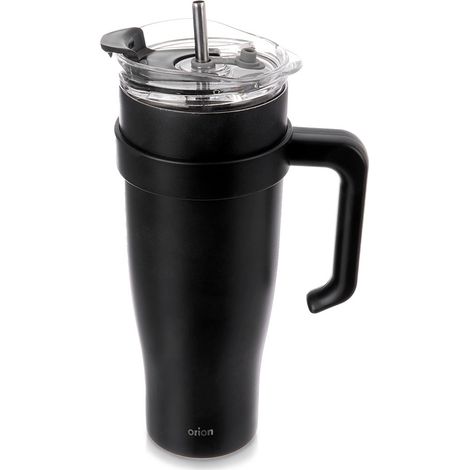 Tazza termica in acciaio da 1200 ml con manico e cannuccia, marca Orion 112284, colore nero. (1/5)
