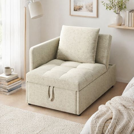 3-in-1 Schlafsofa aus beigem Leinen, verstellbar, mit Kissen, 177 x 68 x 65 cm, OKWISH (1/5)