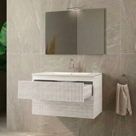 Mobile Bagno Sospeso 80 cm Modello Aurora Mdf Portuna Bianco con Specchio e Lavabo MOBO