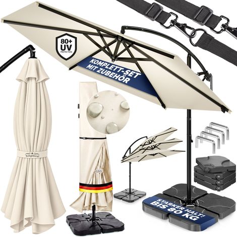 CASARIA® Ampelschirm 300 / 350 cm Komplettset inkl. 4 Gewichte & Schutzhülle – Garten Sonnenschirm UV 80+ neigbar schwenkbar mit Kurbel rund Creme, 350 cm (1/5)