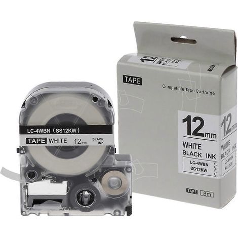 Ruban d'étiquettes noir sur blanc, 12 mm, pour imprimantes Epson LC-5WBW, LW-300, LW-400 et LW-600P (1/5)