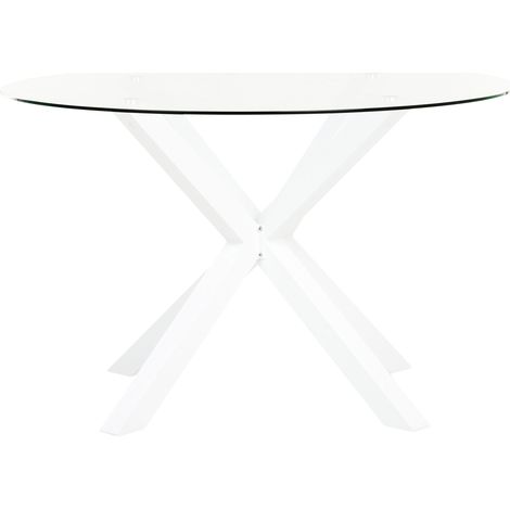 Tavolo da Giardino Moderno in alluminio Inox ⌀ 120 cm Gambe in Acciaio Inox Piano in Vetro Trasparente Bianco Maletto (1/5)