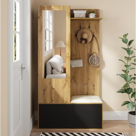 Ensemble vestiaire en MDF noir et naturel avec 5 crochets, 100 x 38 x 191 cm, miroir, banc et meuble à chaussures (1/5)