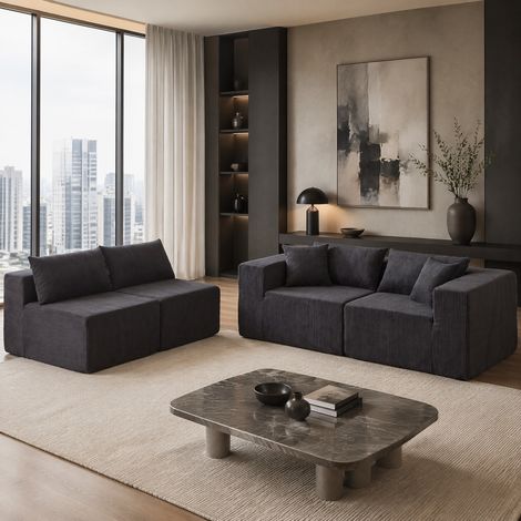 Sofá rinconero modular de pana, 4 piezas, negro, 335 x 167 x 71 cm DESVIAE (1/5)