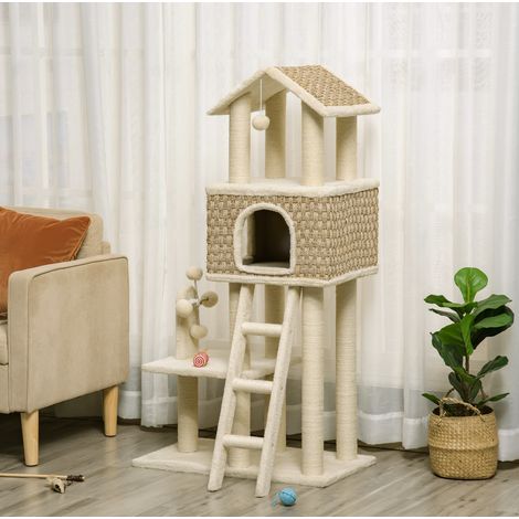 Tiragraffi 69x40x131 cm in sisal e truciolare beige, cuccia e palline salvaspazio – MEUBLIV (1/5)