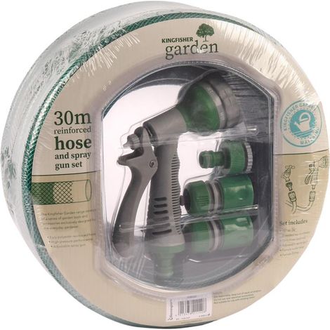 30m Reinforced Green Garden Hose Pipe / Hosepipe and Spray Gun Set (1/2)