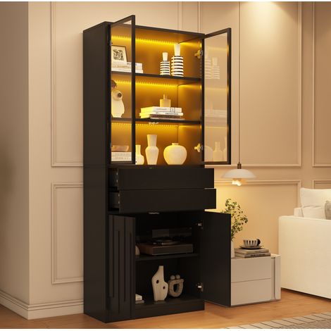 Vetrina LED 70x34x180 cm con ante in vetro temperato, 2 cassetti, nera DESVIAE (1/5)