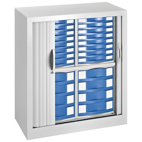 Armoire monobloc à rideaux H 100 cm gris clair - 24 tiroirs bleus