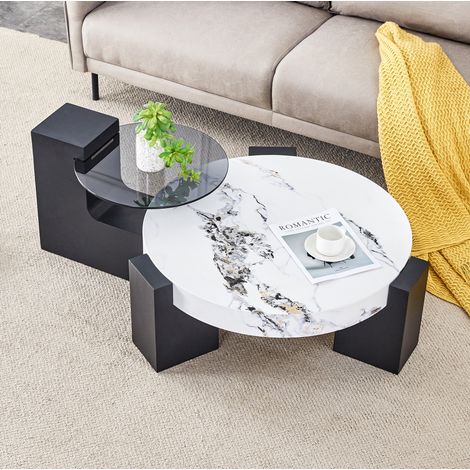 Runde Satztische Ø61/44 x H30/44 cm Weiß Schwarz Glas und MDF, Design MEUBLIV (1/5)
