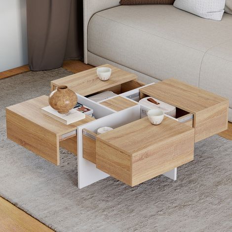 Mesa de centro cuadrada TALIA de 70 cm con cajones de madera y blancos