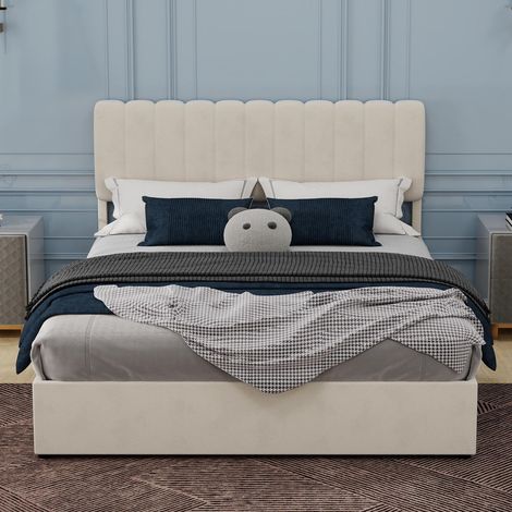 , Lit rembourré moderne et minimaliste,  160x200cm,  beige,  meuble de chambre multifonctionnel avec tête de lit douce et confortable,  sommier coffre haut avec mécanisme de levage à gaz...