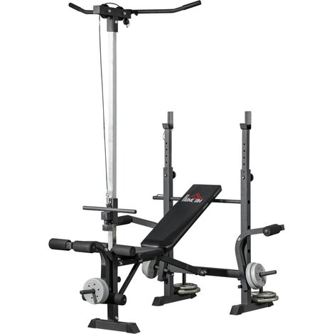 Banc de musculation multifonction tout en un 180 x 134 x 200 cm dossier réglable poulie intégrée moderne en acier noir (1/5)