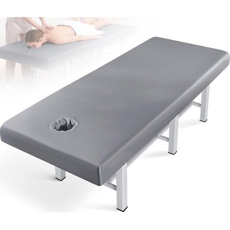 Telo da massaggio professionale impermeabile con apertura per il viso, resistente all'olio e lavabile, di colore grigio, ideale per centri benessere. (1/5)