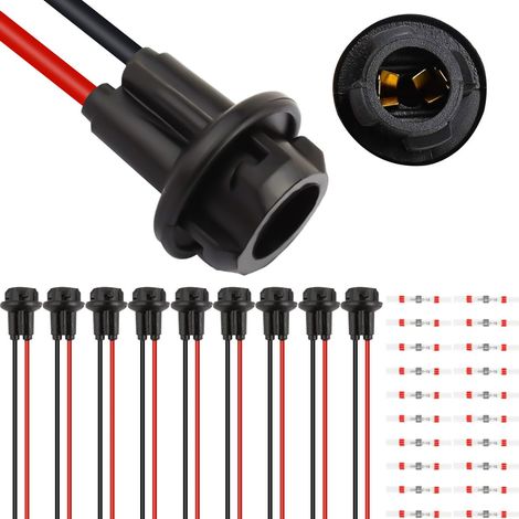 Douilles d'ampoule T10 W5W 194, connecteur d'extension de faisceau T10, fil de cuivre, douille de feu arrière 194 pour instrument de voiture, support de lampe en caoutchouc pré-câblé(10 pièces) (1/5)