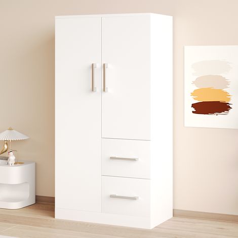 Armadio Salvaspazio con 2 Ante, 2 Cassetti e 1 Vano, per Camera da Letto, in Legno, 70 x 40 x 135 cm, Bianco (1/5)